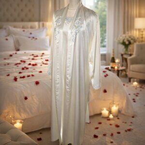 Natori Classics Bridal White Blue Lace Long Gown Robe Peignoir Set Size Large